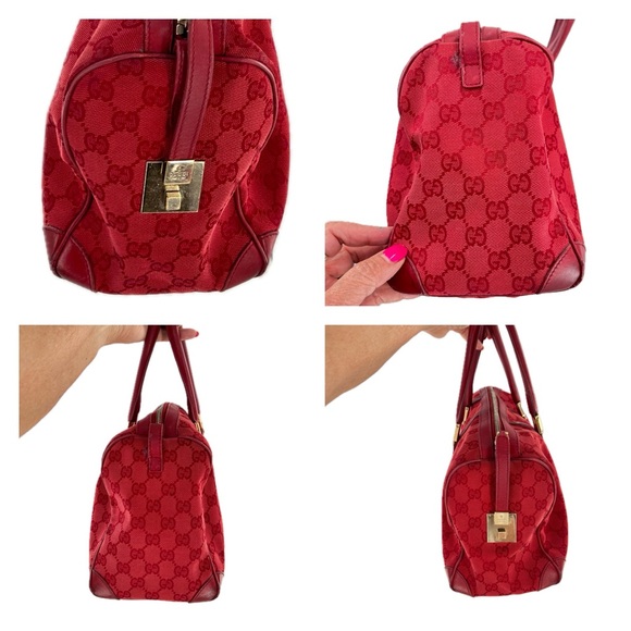 GUCCI GG Canvas Boston Bag, Red Jacquard Fabric, Red Leather Trim, Authentic - Picture 10 of 17